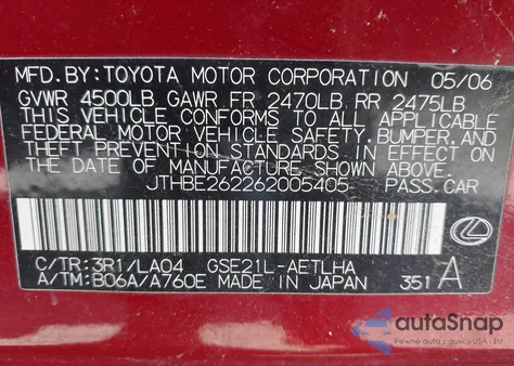 2006 Lexus Is 350 z USA, uszkodzony, nr VIN JTHBE262262005405